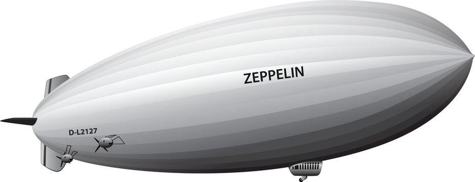 Vintage airship Zeppelin. Dirigible balloon. Black background. PNG illustration