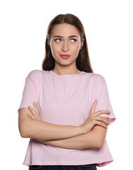 Embarrassed young woman in shirt on white background