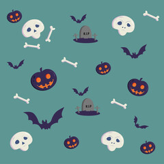 flat style illustration with mini images of a pumpkin, a bat, a skull with bones, and a grave for halloween