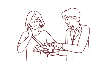 Male doctor help patient put bandage on hand after trauma or injury. Therapist or surgeon cure woman with broken shoulder in hospital. Vector illustration. 
