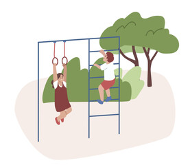 Girl hanging on the rings. Boy climbing the jungle gym. Monkey bars. Sport equipment. Activity on the playground. Happy kids playing. Flat vector illustration.