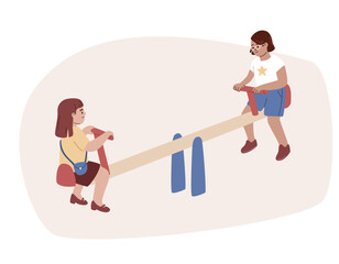Girls playing on the see-saw. Children on the seesaw. Activity on the playground. Happy kids playing. Flat vector illustration.