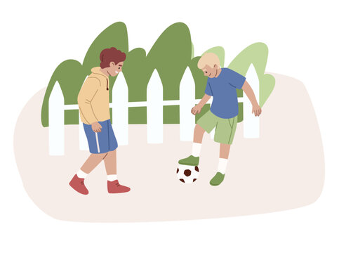 Boys playing with a ball. Football player. Children kicking a ball.  Activity on the playground. Happy kids playing. Flat vector illustration.