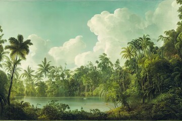 Dense Tropical Forest. Landscape with Lake, Green Fern Trees, Palms, Without People. New Zealand Tropical Woods. Tropical Rainforest Vegetetion. Palm Trees, Lianas and Creepers. Cloudy Sunny Sky