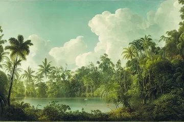 Fototapeten Dense Tropical Forest. Landscape with Lake, Green Fern Trees, Palms, Without People. New Zealand Tropical Woods. Tropical Rainforest Vegetetion. Palm Trees, Lianas and Creepers. Cloudy Sunny Sky © 2rogan