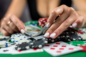 beautiful player woman counts chips for money and raises bet while playing poker in casino.