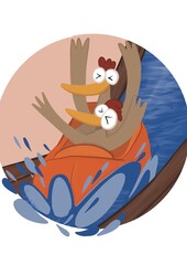 Illustration de deux poules dans un jeu aquatique, dans un parc d’attraction, tel un toboggan dans l’eau qui éclabousse.  Les amis s’amusent. Cet élément est isolé dans un cercle rose, sur fond blanc.