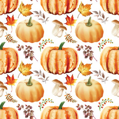 autumn seamless pattern with pumpkin and mushroom and bird and leaves watercolor