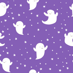 Cute Halloween white ghosts on coloful background decorated with stars, kids holiday seamless pattern.