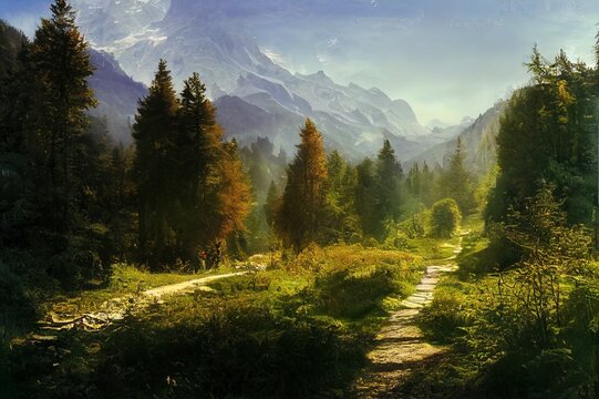 Magical scenic and pathway through woods in the morning sun. Dramatic scene and picturesque picture. Wonderful natural background. Location place Germany Alps, Europe. Explore the world's beauty