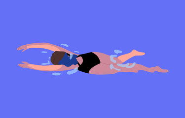 Woman swimming in water. Girl in swimwear in pool. Top view of female character swimmer floating in sea on summer holiday. Healthy aqua relaxation, exercising. Colored flat vector illustration