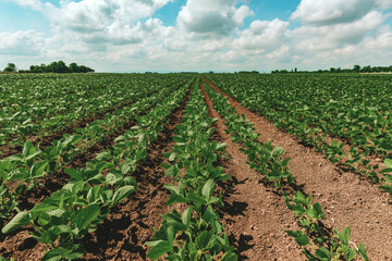 Fototapeta na wymiar Young green soybean crop seedling plants in cultivated perfectly clean agricultural plantation field