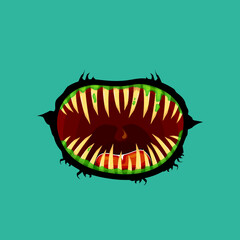 Vector cartoon funny zombie monster open mouth with drooling green slime isolated on background. Vector Halloween greeting card with funne turquoise monster mouth. Cartoon vampire and zombie fangs
