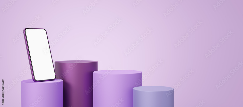 Wall mural 3d smartphone on violet cylinder podium floating on purple background. realistic mobile phone with b