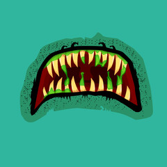Vector cartoon funny zombie monster open mouth with drooling green slime isolated on background. Vector Halloween greeting card with funne turquoise monster mouth. Cartoon vampire and zombie fangs