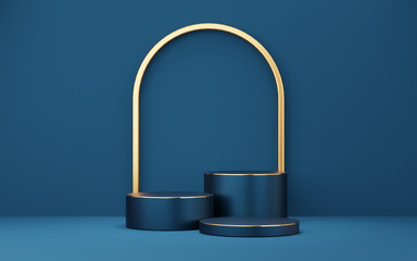3 Empty blue cylinder podium with gold border arch on wall background. 3d empty pedestal mockup space for display product. Abstract dark minimal geometric object. 3d rendering illustration.