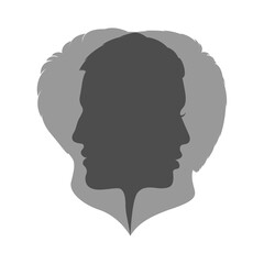 Man and woman heads silhouette. Male and female crossed profile isolated on white background. Gender psychology symbol. Vector illustration