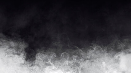 Abstract fog. White cloudiness, mist, or smog moves on black background. Beautiful swirling gray smoke. Mockup for your logo. Wide-angle horizontal wallpaper or web banner.