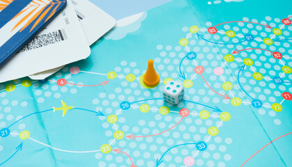 Board game about travel, plane tickets and passport