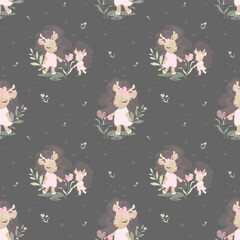 Cute carton vector Seamless pattern for kids. Deer girl and mom watering flowers on dark background for baby bedding textile design