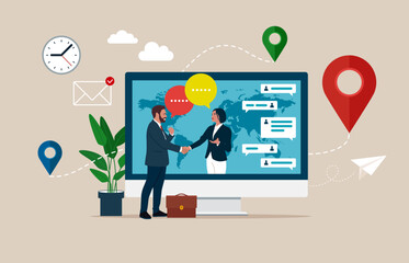 Online conclusion of the transaction, the opening of a new startup. Business handshake, via screen computer. Investor holds money in ideas online. Vector illustration in a flat style.