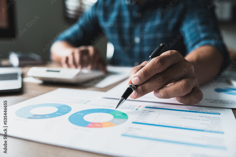 Poster businessman working with new startup project, discussion and analysis data the charts and graphs. ca