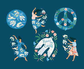 Peace on Earth. Woman and dove of peace. Vector set. Illustration for card, poster, flyer and other