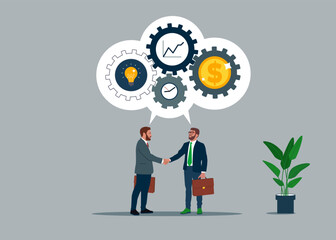 Partnership negotiation to make agreement. Effort and time to make money, success long term investment. Symbol of opportunity, improvement, motivation, challenge. Business deal. Vector illustration.