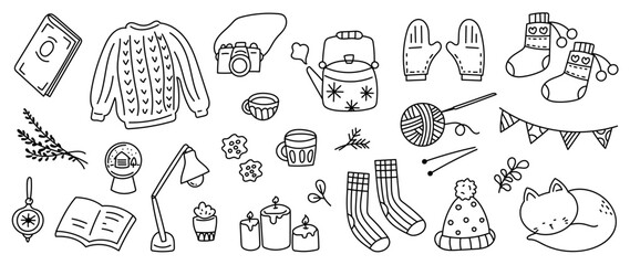 Merry Christmas and winter season doodle vector. Set of cat, cozy sweater, cup, candle, books, socks, knitted hat, camera, gloves. Winter festival and holiday collection for kids, decorative. © TWINS DESIGN STUDIO