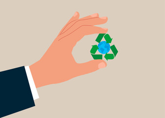 Hand businessman  pointing to recycling icon. Environmental care for environment in future. Vector flat design illustration. 