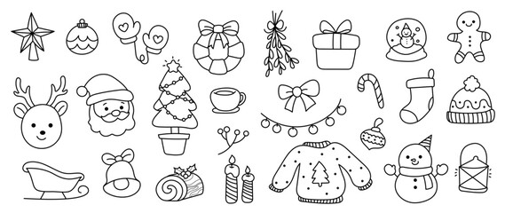 Merry Christmas and winter season doodle vector. Set of snowman, sweater, gingerbread, santa, log cake , gloves, sock, gift, reindeer. Winter festival and holiday collection for kids, decorative.
