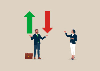 Green arrow is pointing up and red arrow is down in the investor's hand. Fluctuation of stocks. Unstable up and down arrows about investment risk. Flat vector illustration.