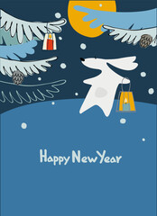 Happy New Year greeting card with Water Rabbit, zodiac animal for 2023 in the night forest. Funny Chinese horoscope rabbit and hand-lettered greeting phrase