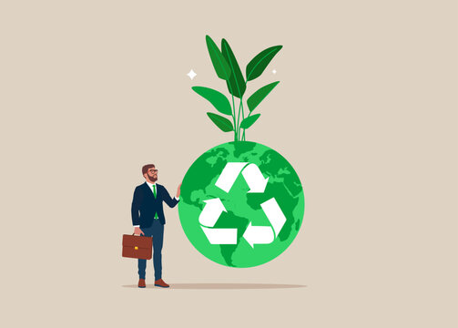 Green world with recycle symbol. Renewable energy to save the world from climate change or global warming. Flat vector illustration.