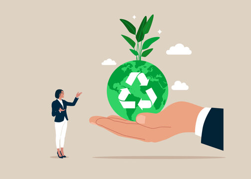 Hand holding sustainable green world with recycle symbol. Renewable energy to save the world from climate change or global warming. Flat vector illustration.