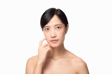 Fototapeta premium Portrait healthy pretty young woman isolated on white background. beautiful female model person applying cosmetic cream for skincare on fresh makeup clean face. spa, treatment, wellness concept.