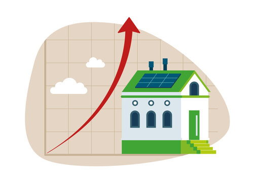 Growing home sales shown on graph. Flat vector illustration.