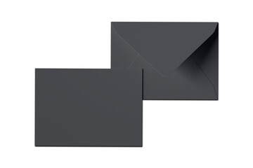 Blank black envelope mockup, front and back view isolated on white background. 3d rendering.