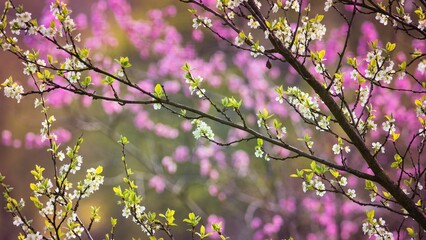 Świeże zielone wiosenne pąki na drzewie a w tle drzewo kwitnące na różowo - obrazy, fototapety, plakaty