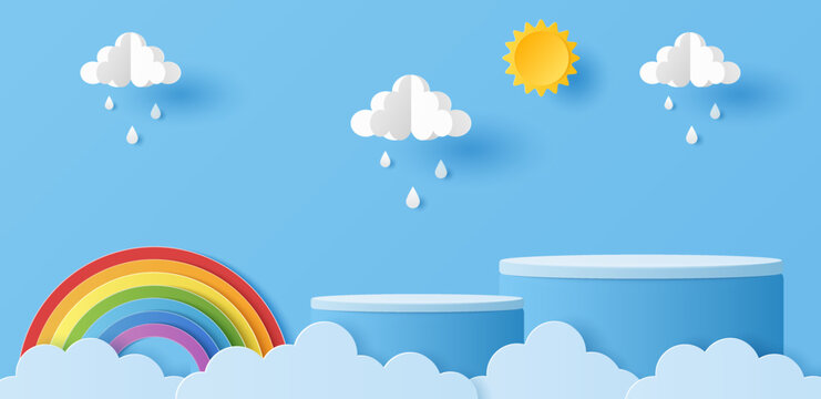 Paper cut of cylinder podium for products display presentation with sun, clouds, raindrops and rainbow. Vector illustration