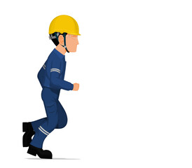 An industrial worker is running on white background