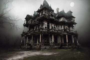 Full moon shines over a creepy haunted house. 