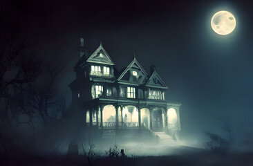 Fototapeta na wymiar Full moon shines over a creepy haunted house. 