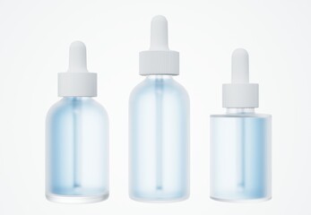 Set of different blue cosmetic serum dropper bottles, skin care product packaging concept, commercial design deady mock-up
