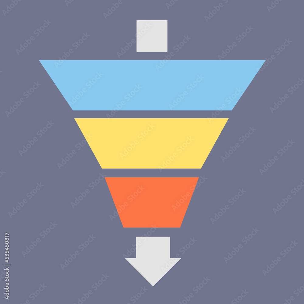 Poster design of a funnel diagram with three steps template, isolated on gray background