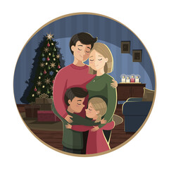 Happy family at home hugging each other on Christmas eve near the tree and presents - 535450843