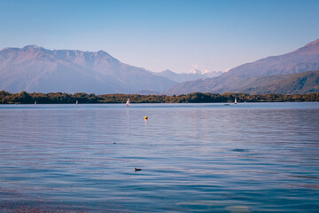 Early fall panorama of the Viverone Lake. Is a small glacier originated lake, located in the Northern Italy, Piedmont region (Biella and Torino Province), close to Valle d'Aosta Alps.