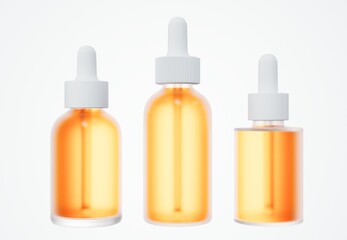 Set of different orange cosmetic serum dropper bottles, skin care product packaging concept, commercial design deady mock-up