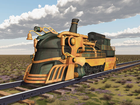 Steampunk Lokomotive in einer Landschaft