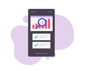 Analysis data market metrics statistics on mobile cell phone vector, visual stocks sales graph on cellphone smartphone app illustrated graphic, task management software efficiency chart review design